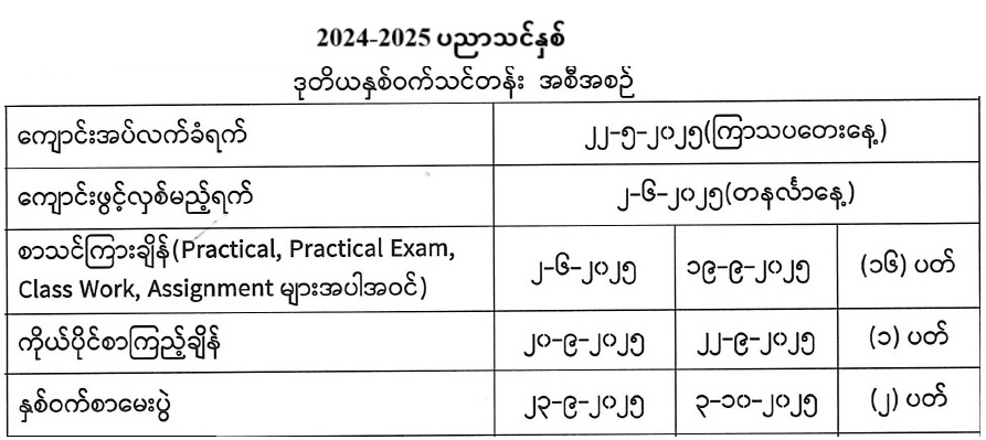 2024-2025 ပညာသင်နှစ် (ဒုတိယနှစ်ဝက်) သင်တန်းအစီအစဉ်